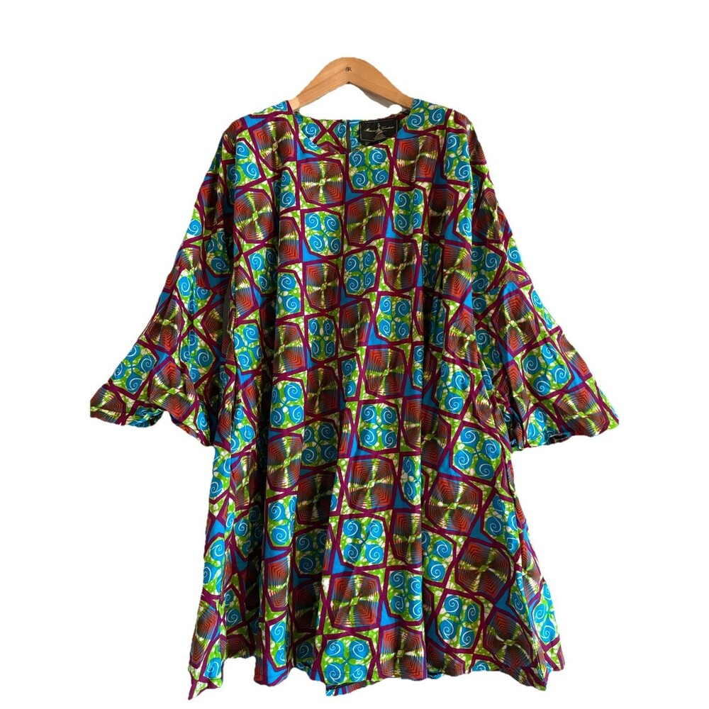 Monsio‎ Couture Bold Psychedelic 70’s Pattern Cotton Shift Mini Dress, Size L
